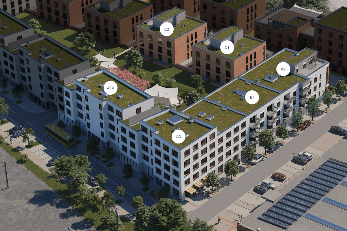 Bližší panoramatický výhľad na bytový komplex projektu Delta